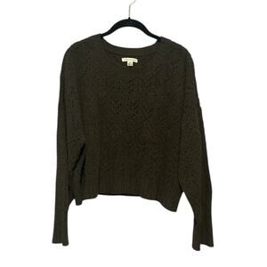 American Eagle Green Open Knit Long Sleeve Crew Neck Cropped Sweater Sz Large